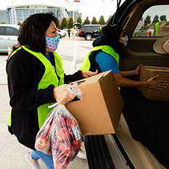 People loading boxes into the back of a car